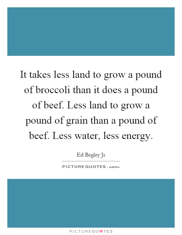 It takes less land to grow a pound of broccoli than it does a pound of beef. Less land to grow a pound of grain than a pound of beef. Less water, less energy Picture Quote #1