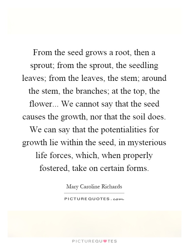 From the seed grows a root, then a sprout; from the sprout, the seedling leaves; from the leaves, the stem; around the stem, the branches; at the top, the flower... We cannot say that the seed causes the growth, nor that the soil does. We can say that the potentialities for growth lie within the seed, in mysterious life forces, which, when properly fostered, take on certain forms Picture Quote #1
