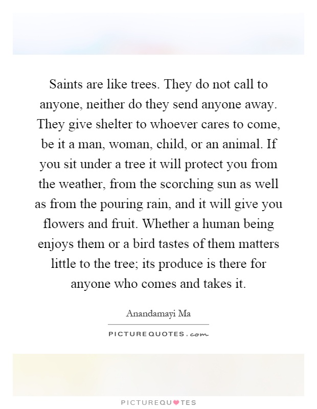 Saints are like trees. They do not call to anyone, neither do they send anyone away. They give shelter to whoever cares to come, be it a man, woman, child, or an animal. If you sit under a tree it will protect you from the weather, from the scorching sun as well as from the pouring rain, and it will give you flowers and fruit. Whether a human being enjoys them or a bird tastes of them matters little to the tree; its produce is there for anyone who comes and takes it Picture Quote #1
