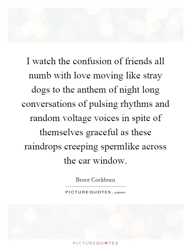I watch the confusion of friends all numb with love moving like stray dogs to the anthem of night long conversations of pulsing rhythms and random voltage voices in spite of themselves graceful as these raindrops creeping spermlike across the car window Picture Quote #1