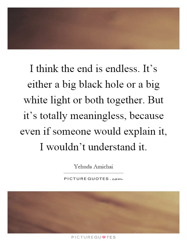 I think the end is endless. It's either a big black hole or a big white light or both together. But it's totally meaningless, because even if someone would explain it, I wouldn't understand it Picture Quote #1