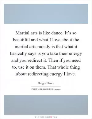 Martial arts is like dance. It’s so beautiful and what I love about the martial arts mostly is that what it basically says is you take their energy and you redirect it. Then if you need to, use it on them. That whole thing about redirecting energy I love Picture Quote #1