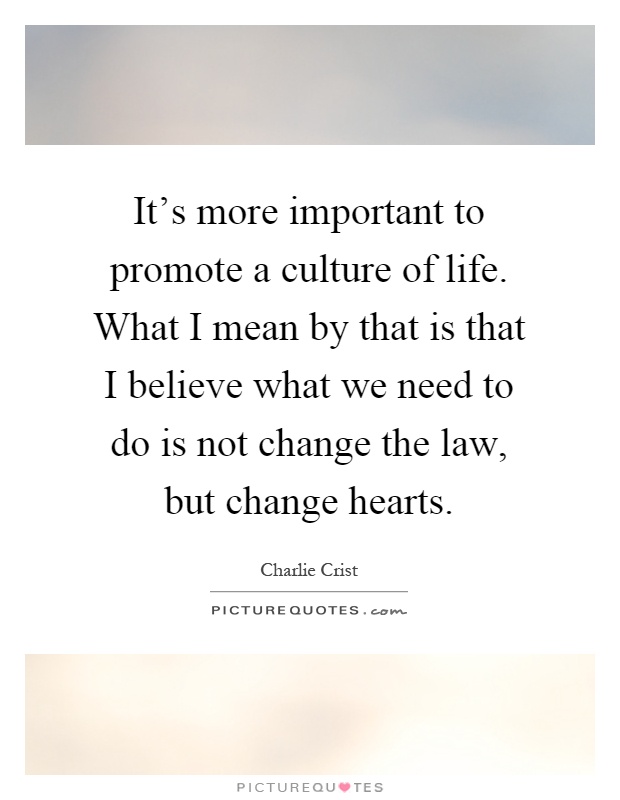 It's more important to promote a culture of life. What I mean by that is that I believe what we need to do is not change the law, but change hearts Picture Quote #1