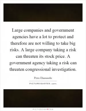 Large companies and government agencies have a lot to protect and therefore are not willing to take big risks. A large company taking a risk can threaten its stock price. A government agency taking a risk can threaten congressional investigation Picture Quote #1