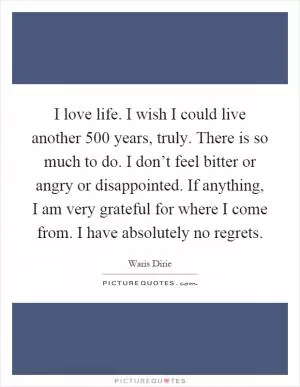 I love life. I wish I could live another 500 years, truly. There is so much to do. I don’t feel bitter or angry or disappointed. If anything, I am very grateful for where I come from. I have absolutely no regrets Picture Quote #1