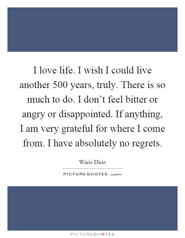 I love life. I wish I could live another 500 years, truly. There is so much to do. I don't feel bitter or angry or disappointed. If anything, I am very grateful for where I come from. I have absolutely no regrets Picture Quote #1