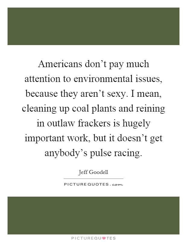 Americans don't pay much attention to environmental issues, because they aren't sexy. I mean, cleaning up coal plants and reining in outlaw frackers is hugely important work, but it doesn't get anybody's pulse racing Picture Quote #1