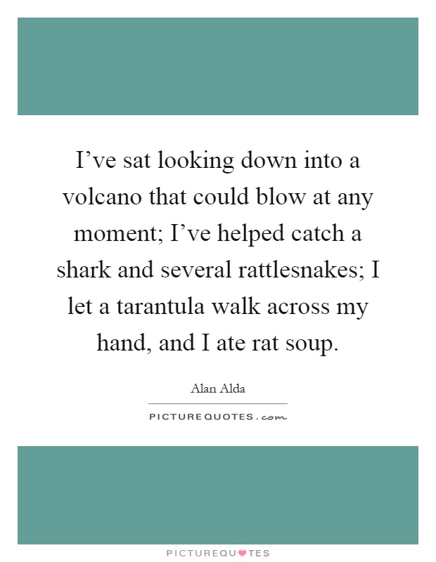 I've sat looking down into a volcano that could blow at any moment; I've helped catch a shark and several rattlesnakes; I let a tarantula walk across my hand, and I ate rat soup Picture Quote #1