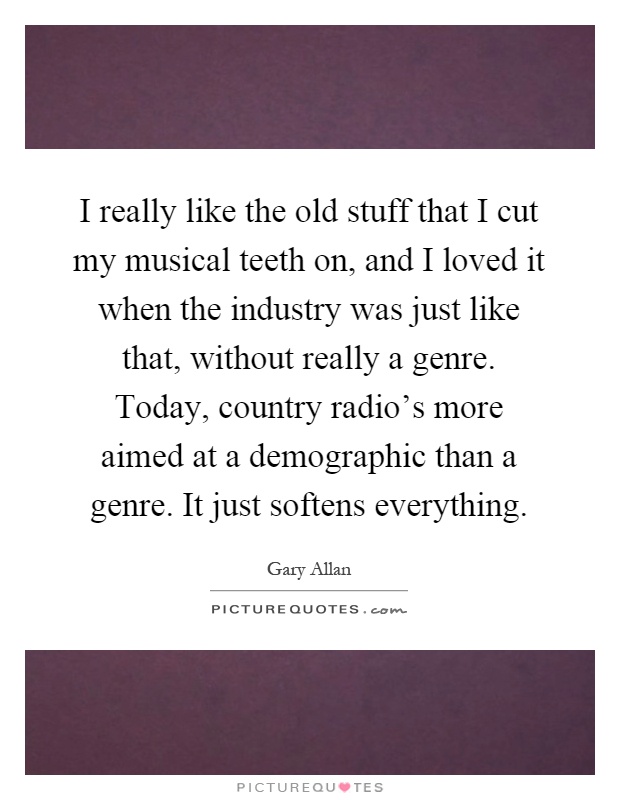 I really like the old stuff that I cut my musical teeth on, and I loved it when the industry was just like that, without really a genre. Today, country radio's more aimed at a demographic than a genre. It just softens everything Picture Quote #1