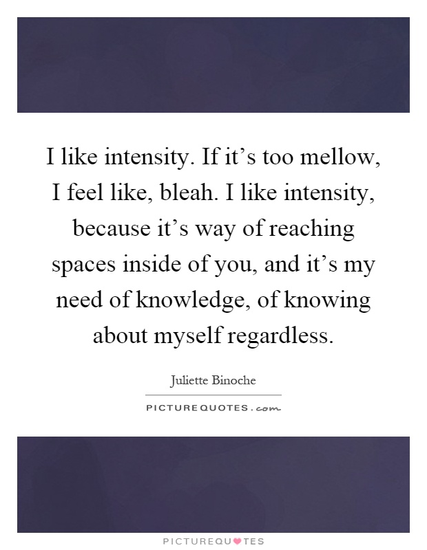 I like intensity. If it's too mellow, I feel like, bleah. I like intensity, because it's way of reaching spaces inside of you, and it's my need of knowledge, of knowing about myself regardless Picture Quote #1