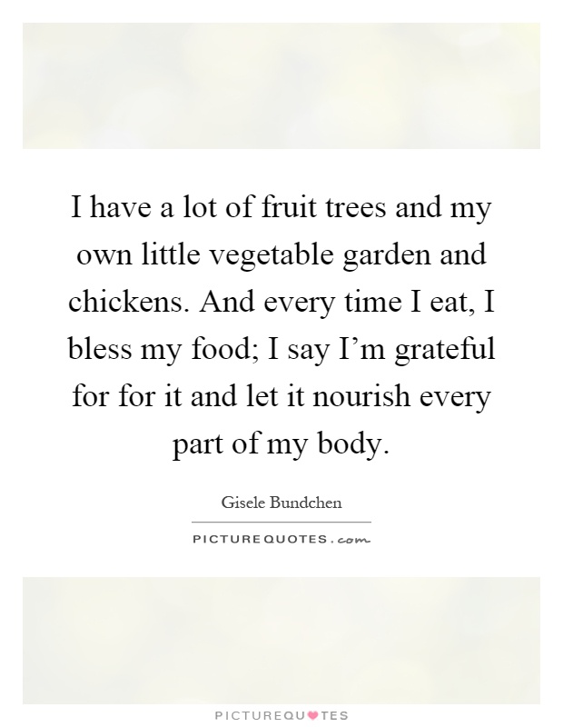 I have a lot of fruit trees and my own little vegetable garden and chickens. And every time I eat, I bless my food; I say I'm grateful for for it and let it nourish every part of my body Picture Quote #1