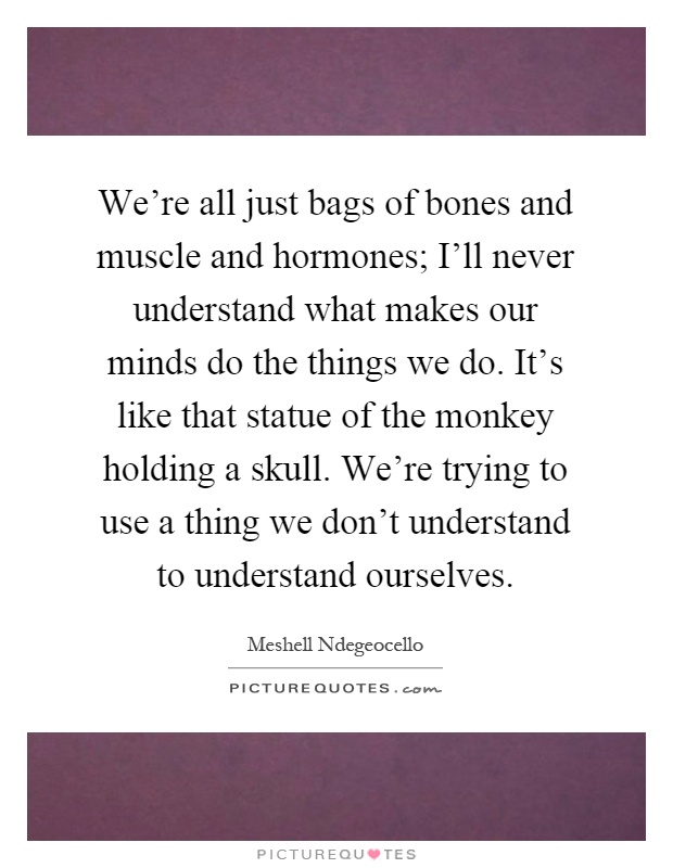 We're all just bags of bones and muscle and hormones; I'll never understand what makes our minds do the things we do. It's like that statue of the monkey holding a skull. We're trying to use a thing we don't understand to understand ourselves Picture Quote #1