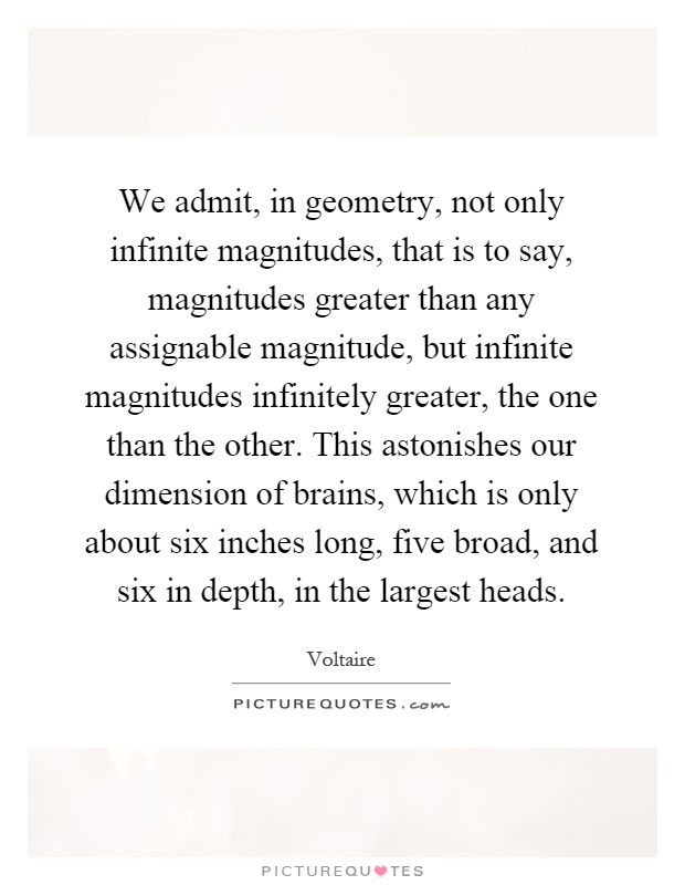 We admit, in geometry, not only infinite magnitudes, that is to say, magnitudes greater than any assignable magnitude, but infinite magnitudes infinitely greater, the one than the other. This astonishes our dimension of brains, which is only about six inches long, five broad, and six in depth, in the largest heads Picture Quote #1