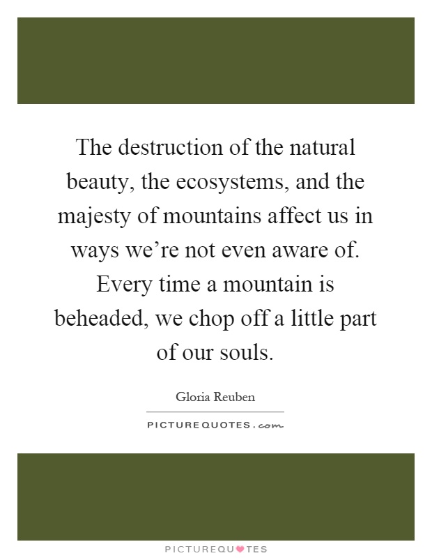 The destruction of the natural beauty, the ecosystems, and the majesty of mountains affect us in ways we're not even aware of. Every time a mountain is beheaded, we chop off a little part of our souls Picture Quote #1