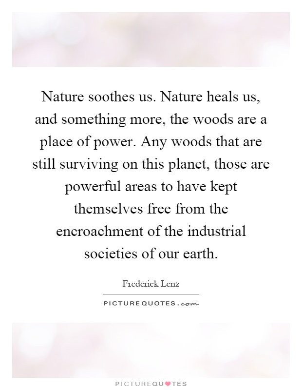 Nature soothes us. Nature heals us, and something more, the woods are a place of power. Any woods that are still surviving on this planet, those are powerful areas to have kept themselves free from the encroachment of the industrial societies of our earth Picture Quote #1