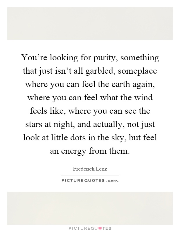 You're looking for purity, something that just isn't all garbled, someplace where you can feel the earth again, where you can feel what the wind feels like, where you can see the stars at night, and actually, not just look at little dots in the sky, but feel an energy from them Picture Quote #1