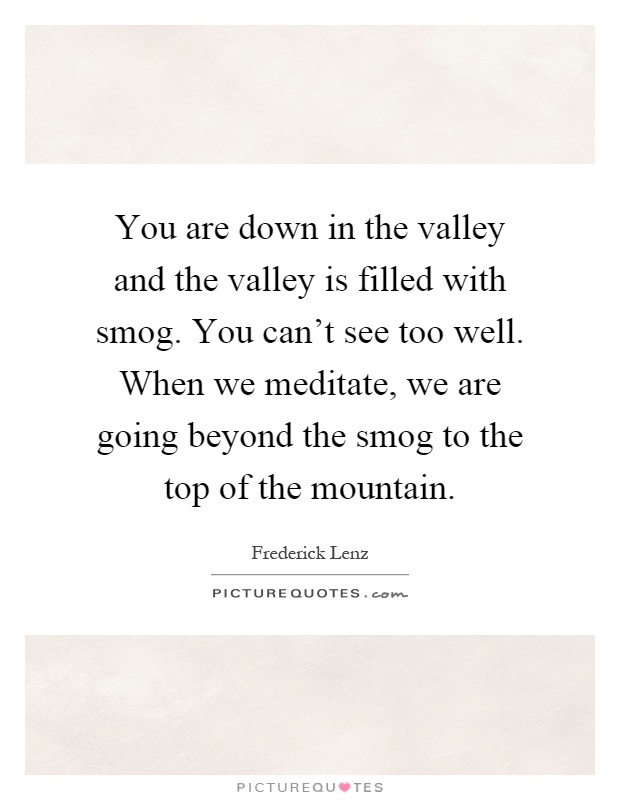 You are down in the valley and the valley is filled with smog. You can't see too well. When we meditate, we are going beyond the smog to the top of the mountain Picture Quote #1