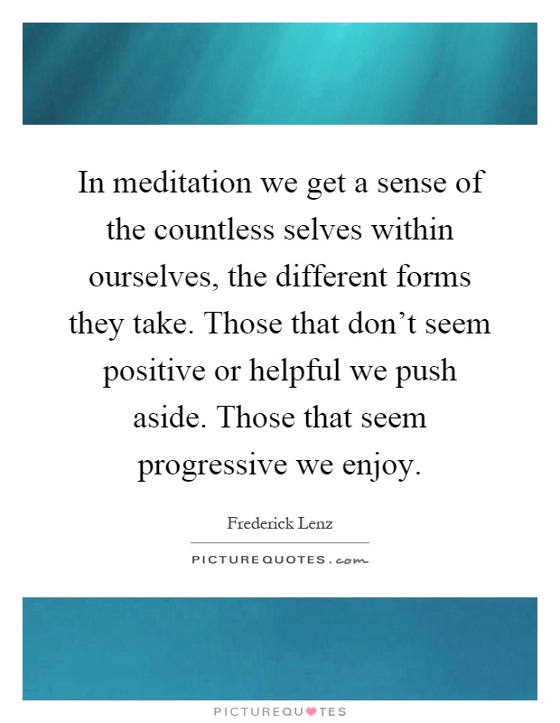 In meditation we get a sense of the countless selves within ourselves, the different forms they take. Those that don't seem positive or helpful we push aside. Those that seem progressive we enjoy Picture Quote #1