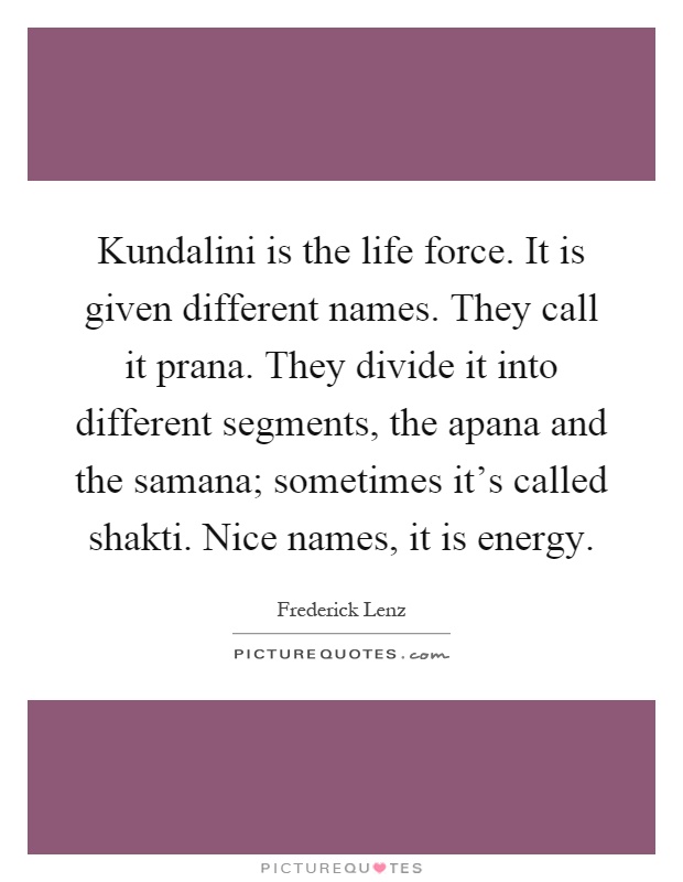 Kundalini is the life force. It is given different names. They call it prana. They divide it into different segments, the apana and the samana; sometimes it's called shakti. Nice names, it is energy Picture Quote #1
