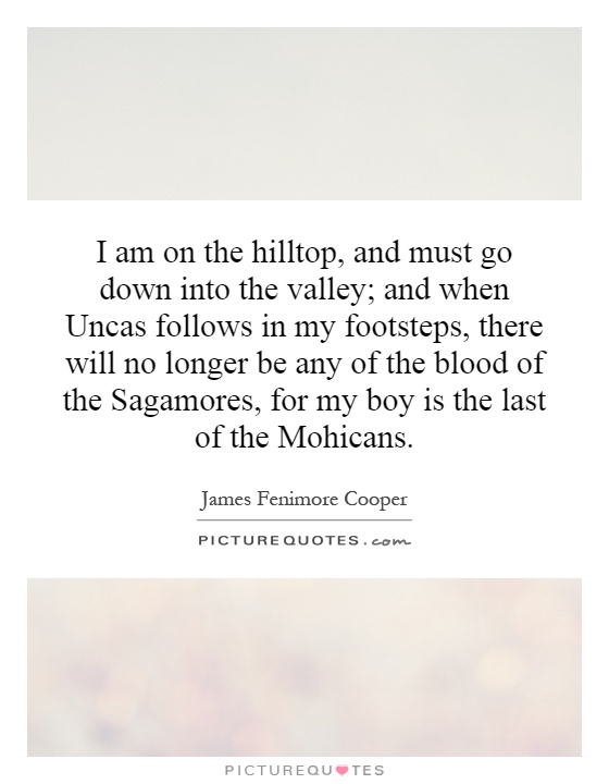 I am on the hilltop, and must go down into the valley; and when Uncas follows in my footsteps, there will no longer be any of the blood of the Sagamores, for my boy is the last of the Mohicans Picture Quote #1