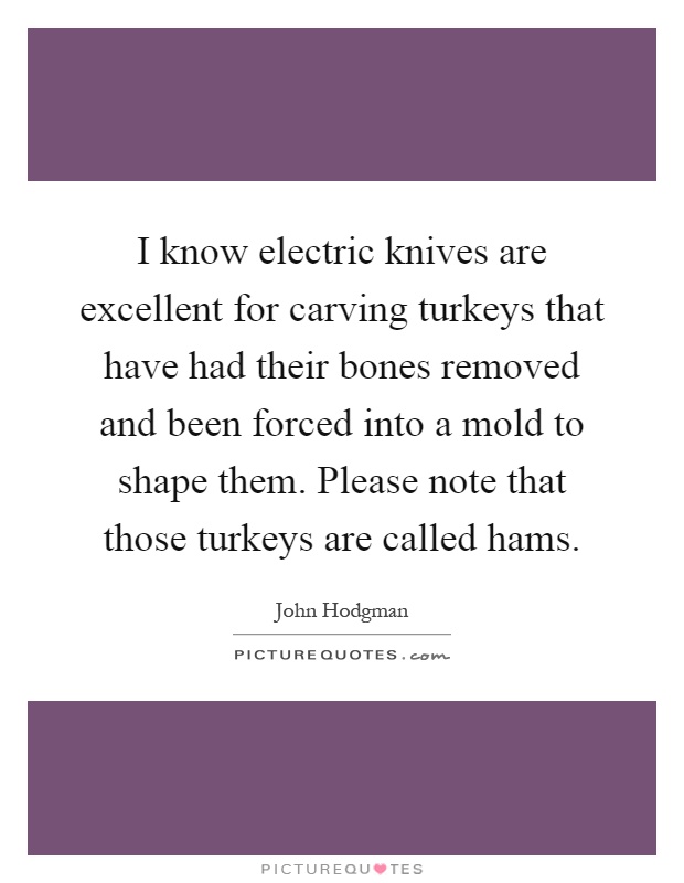 I know electric knives are excellent for carving turkeys that have had their bones removed and been forced into a mold to shape them. Please note that those turkeys are called hams Picture Quote #1