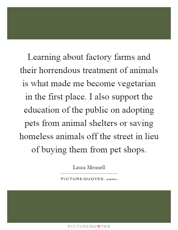 Learning about factory farms and their horrendous treatment of animals is what made me become vegetarian in the first place. I also support the education of the public on adopting pets from animal shelters or saving homeless animals off the street in lieu of buying them from pet shops Picture Quote #1