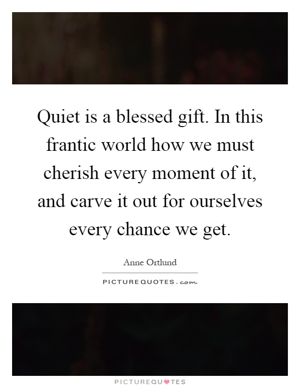 Quiet is a blessed gift. In this frantic world how we must cherish every moment of it, and carve it out for ourselves every chance we get Picture Quote #1