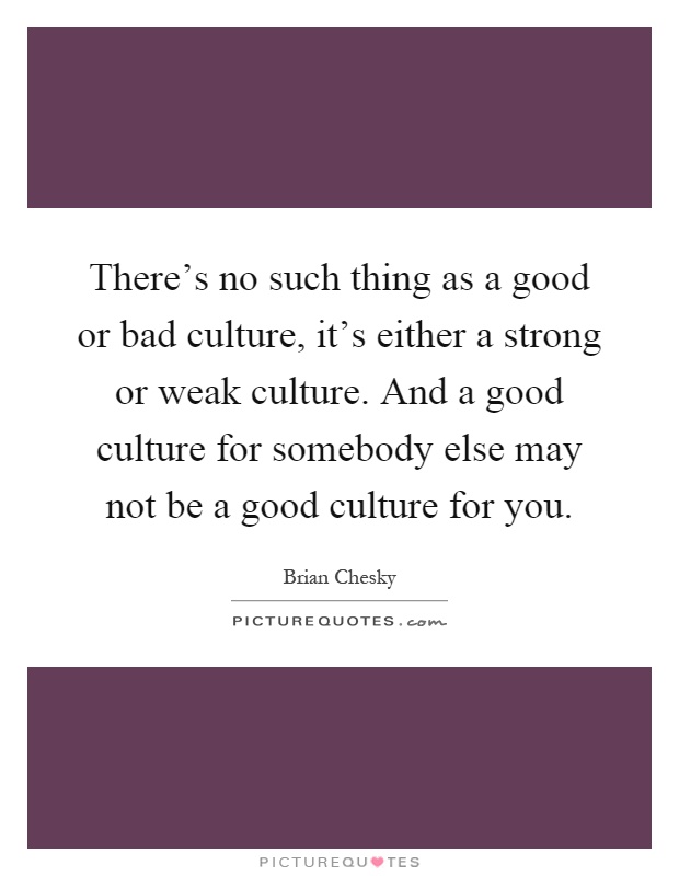 There's no such thing as a good or bad culture, it's either a strong or weak culture. And a good culture for somebody else may not be a good culture for you Picture Quote #1