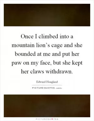 Once I climbed into a mountain lion’s cage and she bounded at me and put her paw on my face, but she kept her claws withdrawn Picture Quote #1