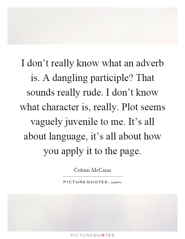 I don't really know what an adverb is. A dangling participle? That sounds really rude. I don't know what character is, really. Plot seems vaguely juvenile to me. It's all about language, it's all about how you apply it to the page Picture Quote #1