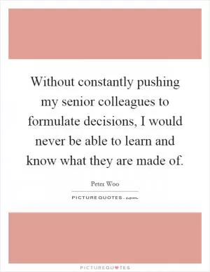 Without constantly pushing my senior colleagues to formulate decisions, I would never be able to learn and know what they are made of Picture Quote #1