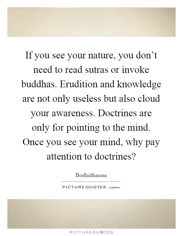 If you see your nature, you don't need to read sutras or invoke buddhas. Erudition and knowledge are not only useless but also cloud your awareness. Doctrines are only for pointing to the mind. Once you see your mind, why pay attention to doctrines? Picture Quote #1