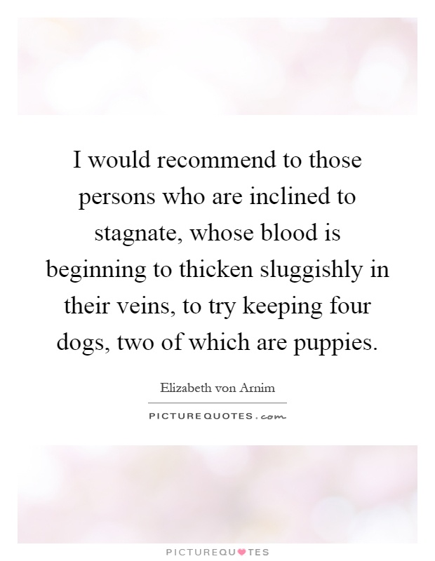 I would recommend to those persons who are inclined to stagnate, whose blood is beginning to thicken sluggishly in their veins, to try keeping four dogs, two of which are puppies Picture Quote #1