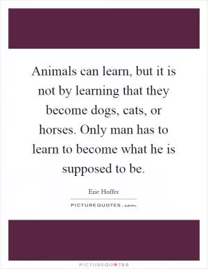 Animals can learn, but it is not by learning that they become dogs, cats, or horses. Only man has to learn to become what he is supposed to be Picture Quote #1