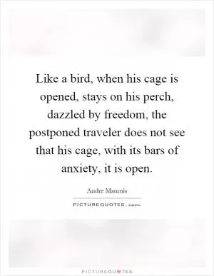 Like a bird, when his cage is opened, stays on his perch, dazzled by freedom, the postponed traveler does not see that his cage, with its bars of anxiety, it is open Picture Quote #1