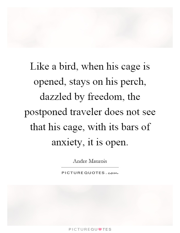 Like a bird, when his cage is opened, stays on his perch, dazzled by freedom, the postponed traveler does not see that his cage, with its bars of anxiety, it is open Picture Quote #1