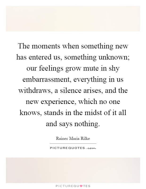 The moments when something new has entered us, something unknown; our feelings grow mute in shy embarrassment, everything in us withdraws, a silence arises, and the new experience, which no one knows, stands in the midst of it all and says nothing Picture Quote #1
