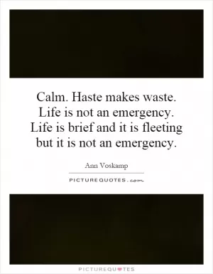 Calm. Haste makes waste. Life is not an emergency. Life is brief and it is fleeting but it is not an emergency Picture Quote #1