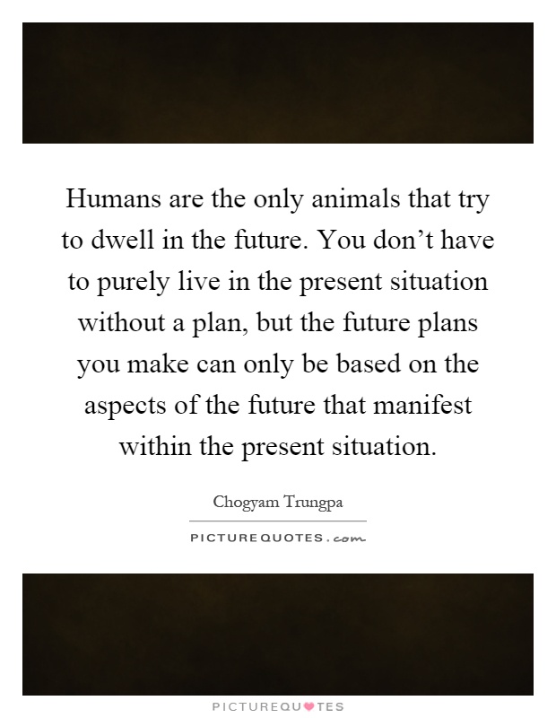 Humans are the only animals that try to dwell in the future. You don't have to purely live in the present situation without a plan, but the future plans you make can only be based on the aspects of the future that manifest within the present situation Picture Quote #1
