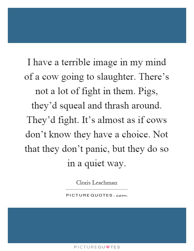 I have a terrible image in my mind of a cow going to slaughter. There's not a lot of fight in them. Pigs, they'd squeal and thrash around. They'd fight. It's almost as if cows don't know they have a choice. Not that they don't panic, but they do so in a quiet way Picture Quote #1