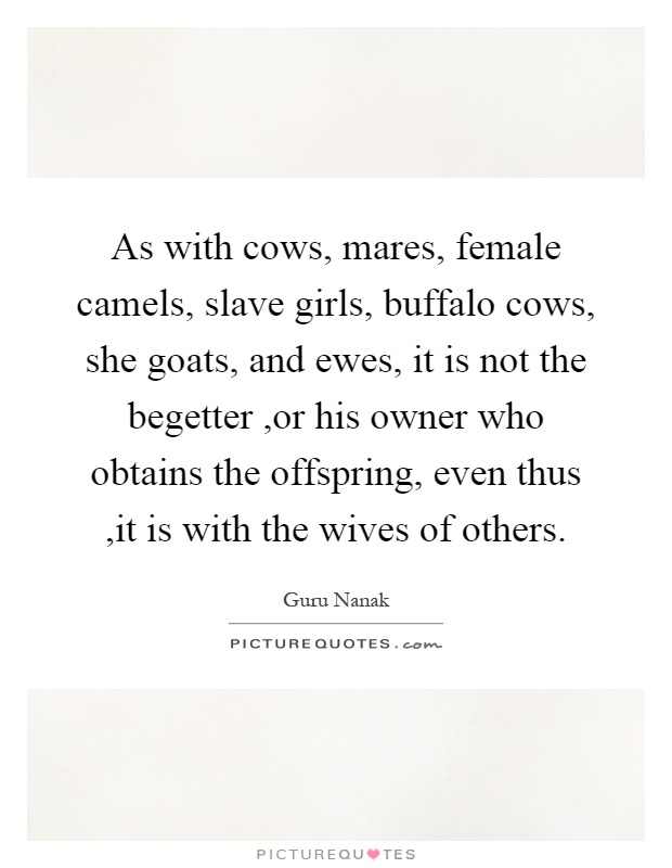 As with cows, mares, female camels, slave girls, buffalo cows, she goats, and ewes, it is not the begetter,or his owner who obtains the offspring, even thus,it is with the wives of others Picture Quote #1