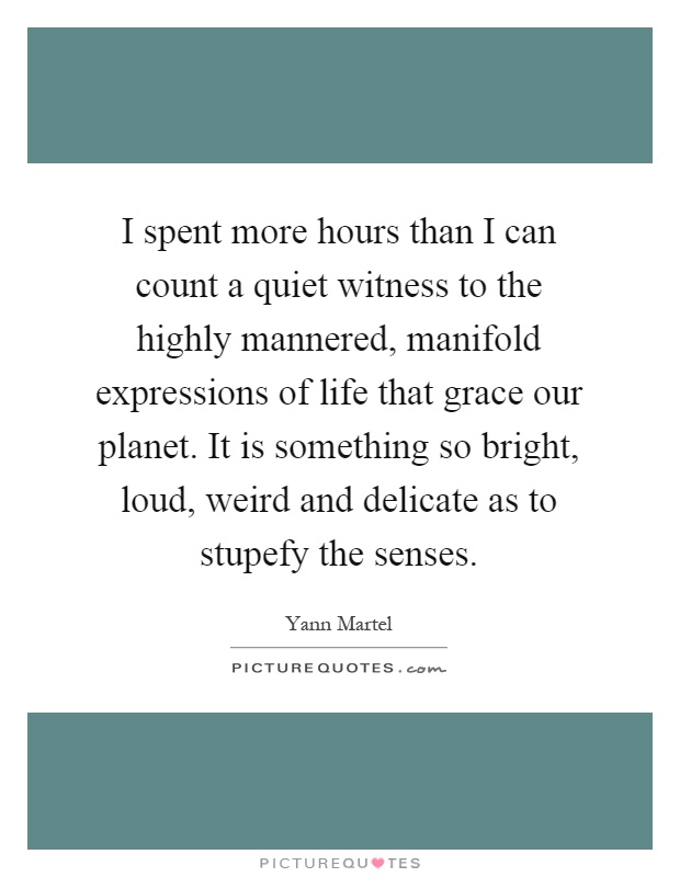I spent more hours than I can count a quiet witness to the highly mannered, manifold expressions of life that grace our planet. It is something so bright, loud, weird and delicate as to stupefy the senses Picture Quote #1
