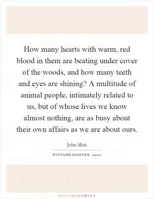 How many hearts with warm, red blood in them are beating under cover of the woods, and how many teeth and eyes are shining? A multitude of animal people, intimately related to us, but of whose lives we know almost nothing, are as busy about their own affairs as we are about ours Picture Quote #1