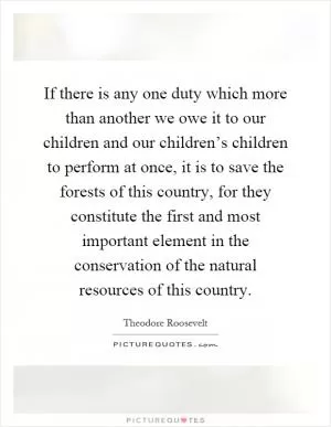 If there is any one duty which more than another we owe it to our children and our children’s children to perform at once, it is to save the forests of this country, for they constitute the first and most important element in the conservation of the natural resources of this country Picture Quote #1