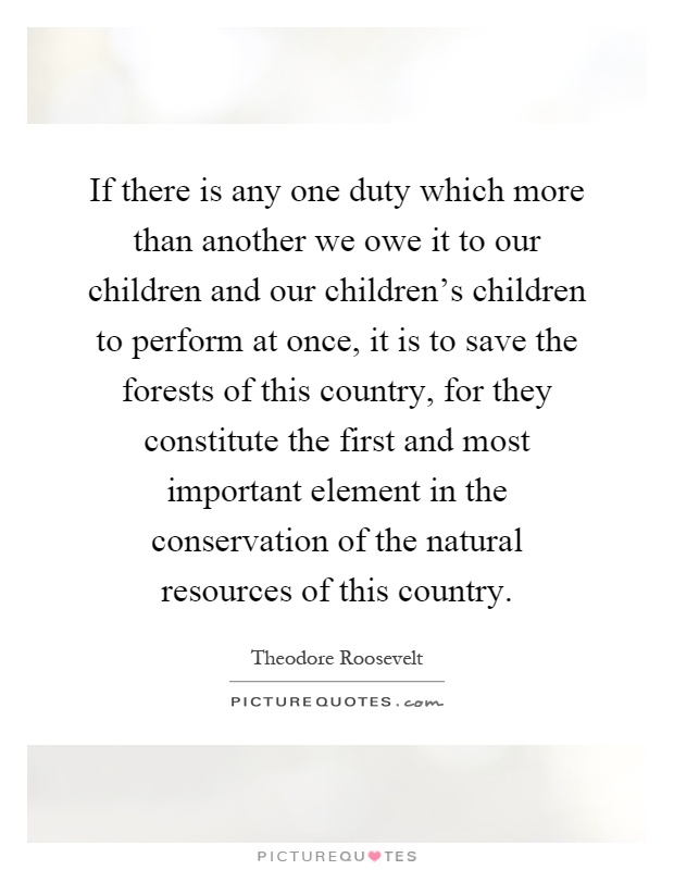 If there is any one duty which more than another we owe it to our children and our children's children to perform at once, it is to save the forests of this country, for they constitute the first and most important element in the conservation of the natural resources of this country Picture Quote #1