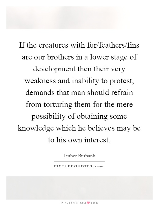 If the creatures with fur/feathers/fins are our brothers in a lower stage of development then their very weakness and inability to protest, demands that man should refrain from torturing them for the mere possibility of obtaining some knowledge which he believes may be to his own interest Picture Quote #1
