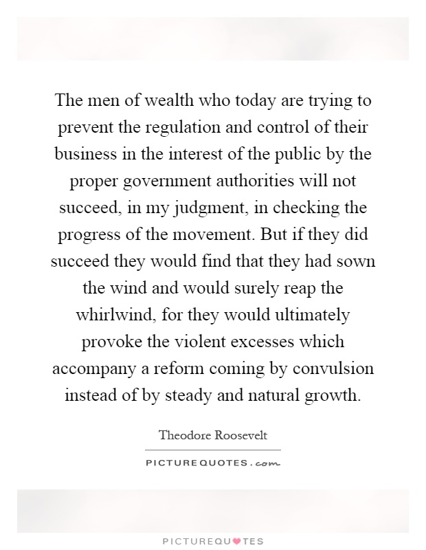 The men of wealth who today are trying to prevent the regulation and control of their business in the interest of the public by the proper government authorities will not succeed, in my judgment, in checking the progress of the movement. But if they did succeed they would find that they had sown the wind and would surely reap the whirlwind, for they would ultimately provoke the violent excesses which accompany a reform coming by convulsion instead of by steady and natural growth Picture Quote #1