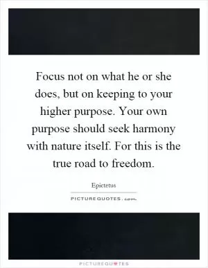Focus not on what he or she does, but on keeping to your higher purpose. Your own purpose should seek harmony with nature itself. For this is the true road to freedom Picture Quote #1