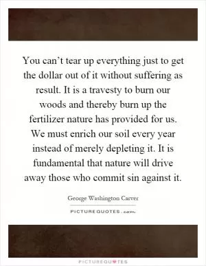 You can’t tear up everything just to get the dollar out of it without suffering as result. It is a travesty to burn our woods and thereby burn up the fertilizer nature has provided for us. We must enrich our soil every year instead of merely depleting it. It is fundamental that nature will drive away those who commit sin against it Picture Quote #1