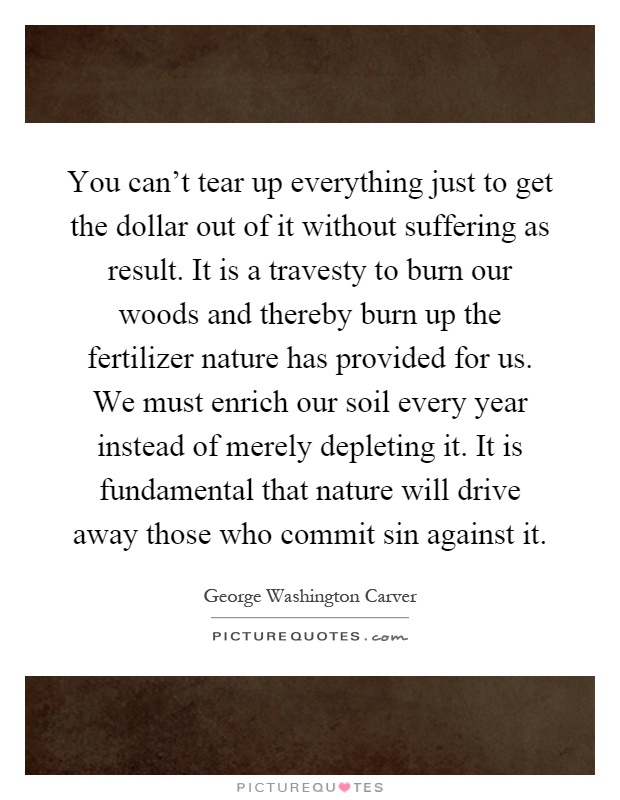 You can't tear up everything just to get the dollar out of it without suffering as result. It is a travesty to burn our woods and thereby burn up the fertilizer nature has provided for us. We must enrich our soil every year instead of merely depleting it. It is fundamental that nature will drive away those who commit sin against it Picture Quote #1